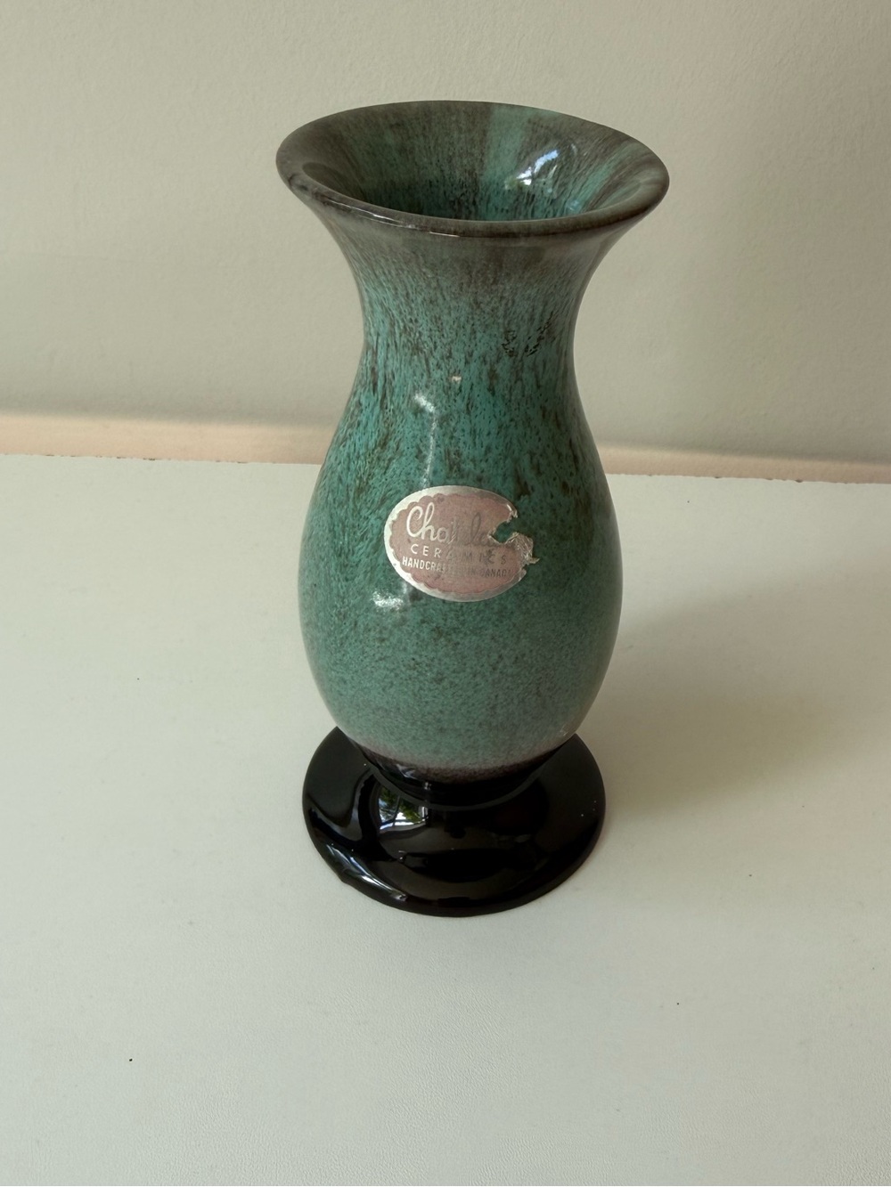 Green Ceramic Vase with Black Base